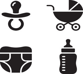 Black baby icons pacifier stroller diaper bottle on white background infant child