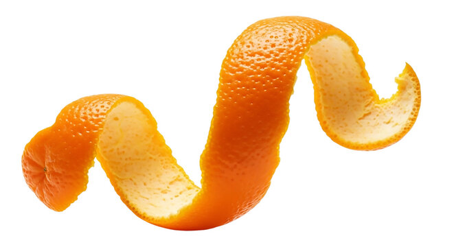 Orange peel isolated on transparent background, a spiral of citrus fruit rind on white