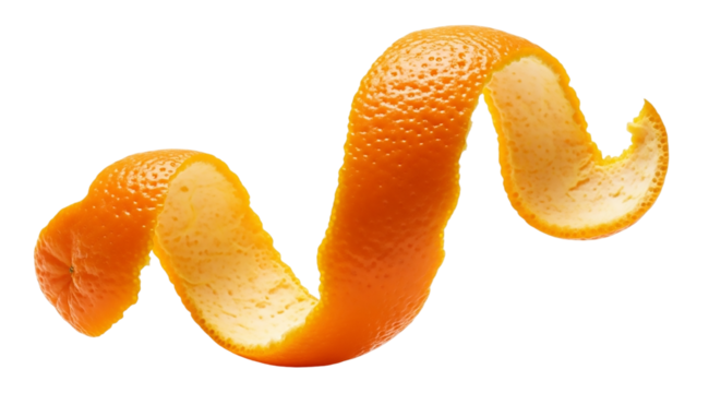 Orange peel isolated on transparent background, a spiral of citrus fruit rind on white