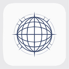 Stylized wireframe globe icon surrounded by a compass rose, representing global travel, international business, and worldwide navigation concepts on a clean background