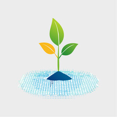 A vibrant green seedling with yellow leaves emerges from dark soil, surrounded by a circular pattern of blue wavy lines, symbolizing growth and nature's potential
