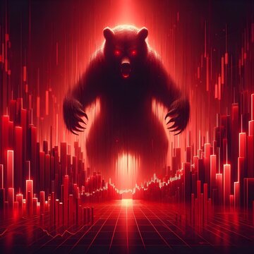 Aggressive Bear Silhouette Over Red Downtrend Candles Depicting Crypto Collapse