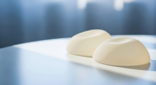 Breast augmentation, implants. Breast augmentation implants displayed on a smooth surface, showcasing their shape and texture, emphasizing the concept of cosmetic enhancement and body positivity