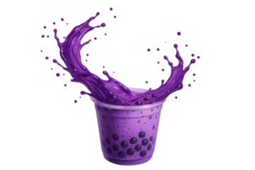 Purple bubble tea splash in a plastic cup, refreshing beverage with boba pearls and bursting liquid motion