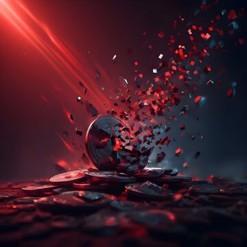 Shattered Cryptocurrency Coin Exploding into Fragments Under Red Market Pressure