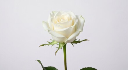 Fototapeta premium Elegant white rose bloom centered on a stem, against a soft, neutral background