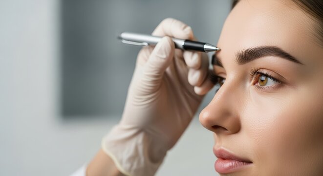 Woman receiving cosmetic eyebrow shaping procedure, with a professional applying precise strokes, showcasing beauty enhancement techniques and skincare expertise