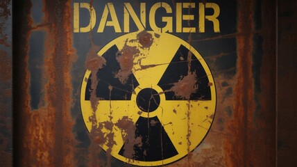 Grungy danger sign warns of radiation risk with rusted metal texture adding to decay