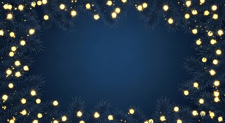 Festive frame of glowing golden fairy lights against a deep blue background creating a bokeh effect for holiday celebrations