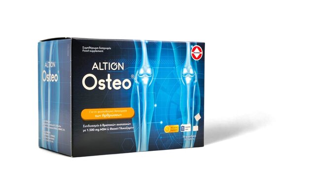 Photo of an Altion Osteo box, a Greek nutritional supplement formulated with glucosamine, chondroitin, collagen, MSM and vitamin C to support healthy joints.