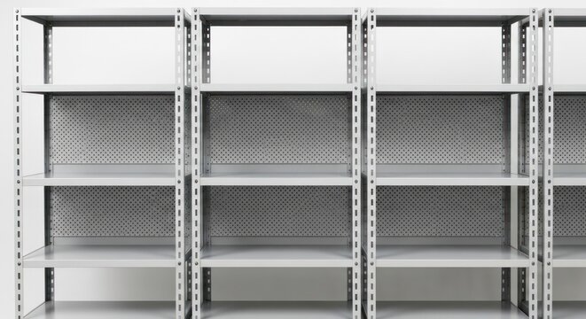 Four gray metal shelving units with perforated backs. Minimalist warehouse storage