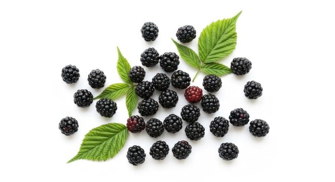 Fresh blackberries scattered with green leaves on a white surface, some red berries - Powered by Adobe