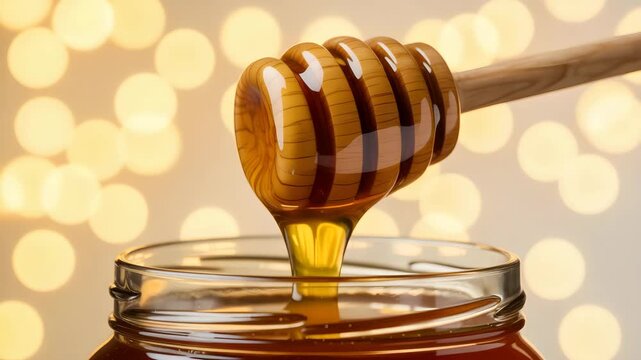 Liquid gold delicious honey dripping slowly from wooden dipper into jar creating mesmerizing motion - Powered by Adobe
