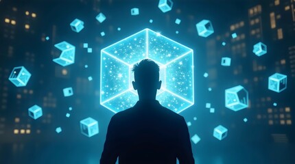 Silhouette of a person against a mystical glowing cube in a futuristic cityscape.