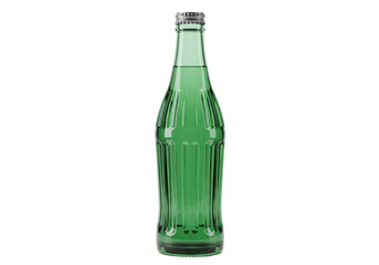Isolated green vintage glass bottle, full of sparkling water or soda, studio shot in natural light
