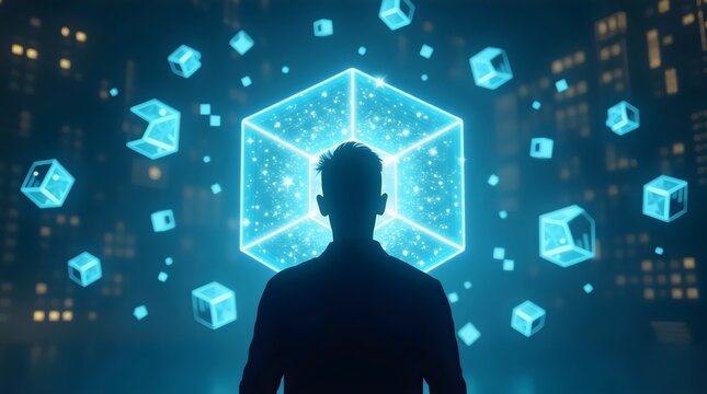 Silhouette of a person against a mystical glowing cube in a futuristic cityscape.