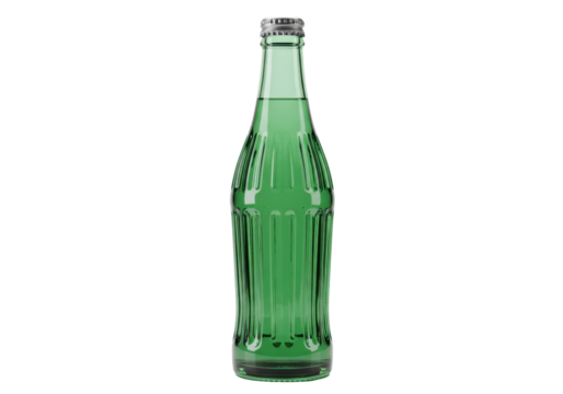 Isolated green vintage glass bottle, full of sparkling water or soda, studio shot in natural light