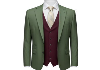Isolated elegant moss green business suit with burgundy vest for formal attire and occasions