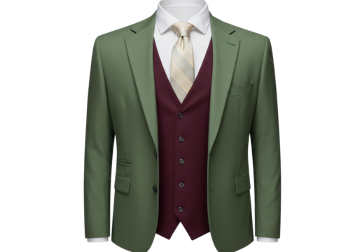 Isolated elegant moss green business suit with burgundy vest for formal attire and occasions - Powered by Adobe