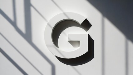 Minimalist white letter G on a wall with contrasting shadows creating a stark, modern aesthetic.