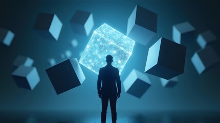 A silhouetted figure gazes at a glowing cube amidst floating geometric shapes in a futuristic ambiance.