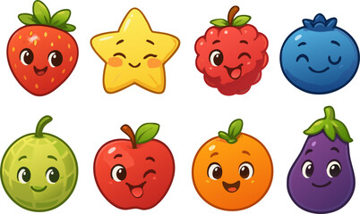 Cheerful fruity character collection for kids, including strawberry, star, raspberry, blueberry, melon, apple, orange, eggplant