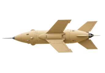 Isolated beige missile with forward and tail fins, aerodynamics, aerospace, unmanned, warhead