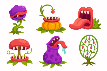 Beware carnivorous plants, playful spooky designs for Halloween, fantasy world flora with dangerous teeth and tongues