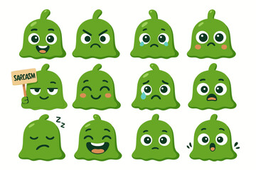 Cute green blob monsters expressing diverse emotions like joy, anger, sadness and sarcasm in a playful way