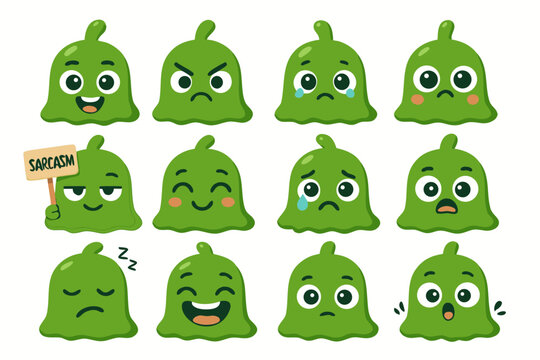 Cute green blob monsters expressing diverse emotions like joy, anger, sadness and sarcasm in a playful way
