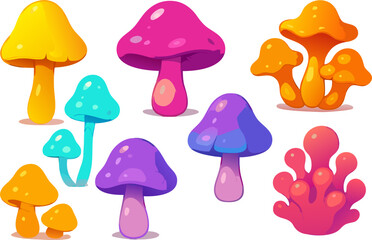 Vibrant cartoon mushrooms collection, perfect for whimsical designs and playful children's illustrations, vector