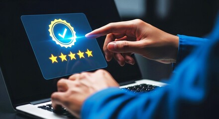 A person interacting with a laptop, highlighting the concept of customer feedback. A hand is seen pressing the screen