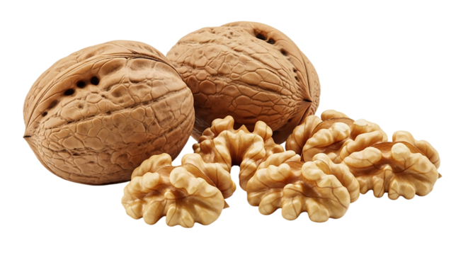 Walnuts and walnut kernels isolated on transparent background, a healthy snack food
