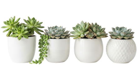 Four succulent plants in white pots isolated on transparent background in a line up