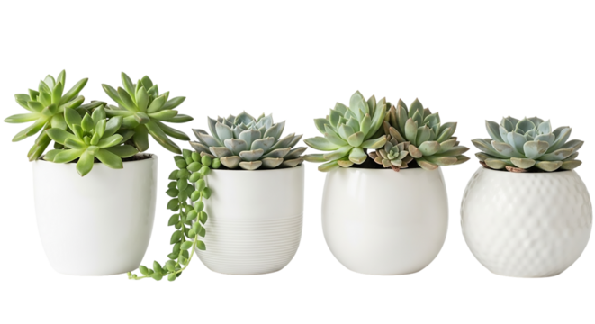 Four succulent plants in white pots isolated on transparent background in a line up