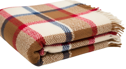 Folded wool blanket with a plaid pattern isolated on transparent background