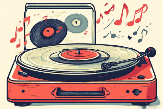 A red record player with a vinyl record spinning, accompanied by musical notes and a record sleeve.