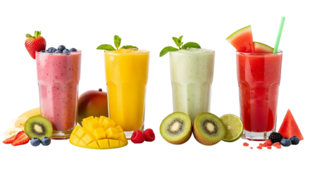 Assortment of fresh fruit smoothies isolated on transparent background, healthy and delicious