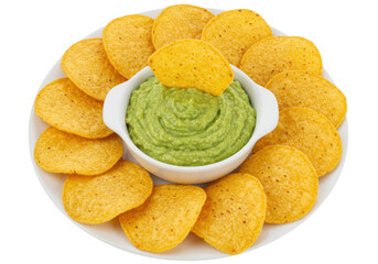 Isolated plate of crispy tortilla chips, avocado dip, and a single chip on top of the dip