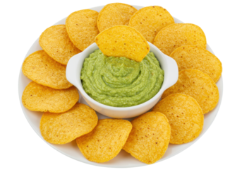 Isolated plate of crispy tortilla chips, avocado dip, and a single chip on top of the dip