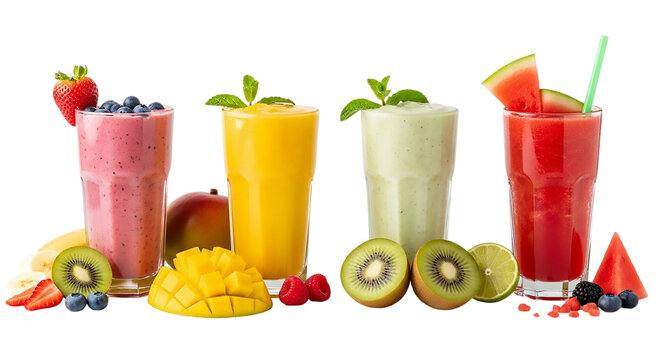 Assortment of fresh fruit smoothies isolated on transparent background, healthy and delicious