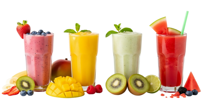 Assortment of fresh fruit smoothies isolated on transparent background, healthy and delicious