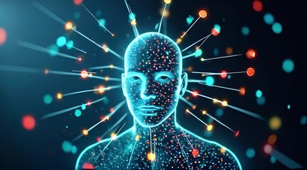 Abstract futuristic AI head with radiating data stream connections symbolizing neural networks machine learning and digital consciousness. - Powered by Adobe