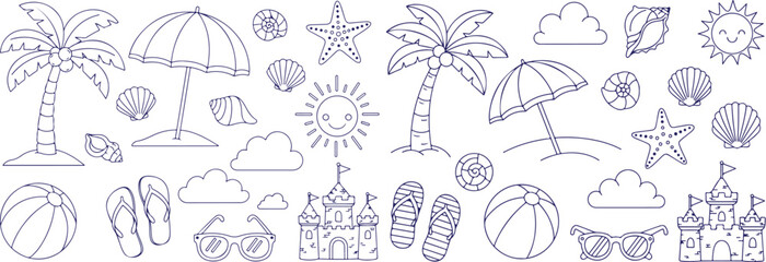 Vector art of outline drawing of various beach and summer elements on white
