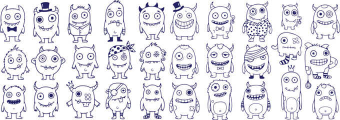Vector art of collection of hand drawn cute funny doodle monsters isolated on