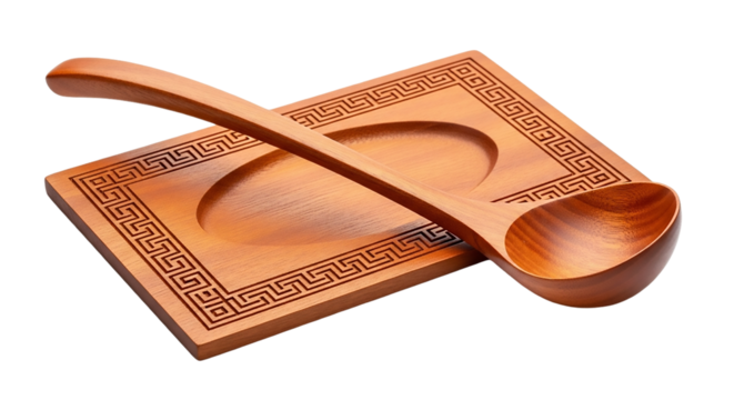 Wooden soup ladle and tray isolated on transparent background, traditional kitchen utensil