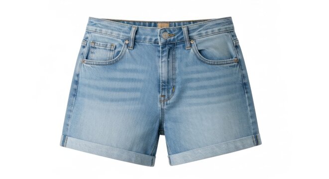 Light blue denim shorts with rolled hems shown on a white background