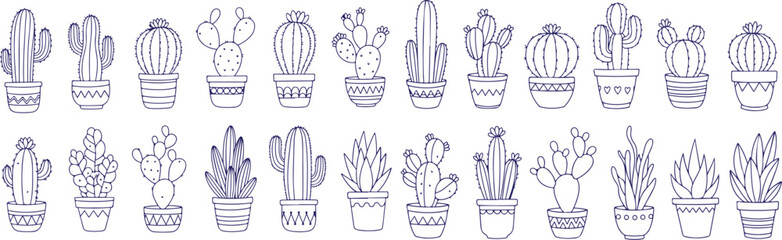 Vector art of handdrawn blue pen sketch of various potted cacti plants isolated on