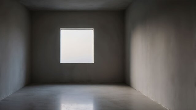 Minimalist empty concrete room with single bright window