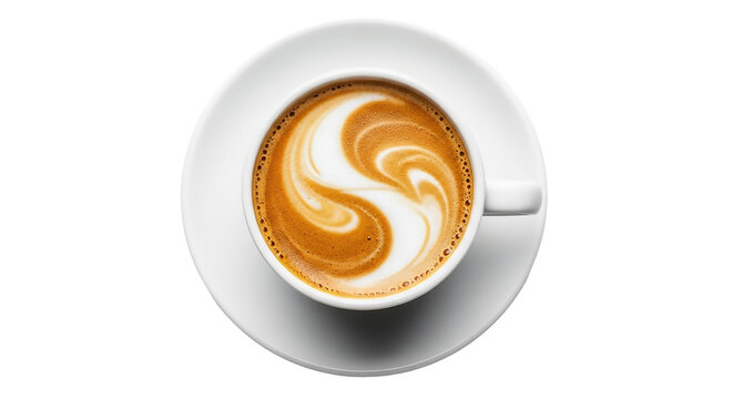 Top view of a cup of cappuccino with latte art isolated on transparent background